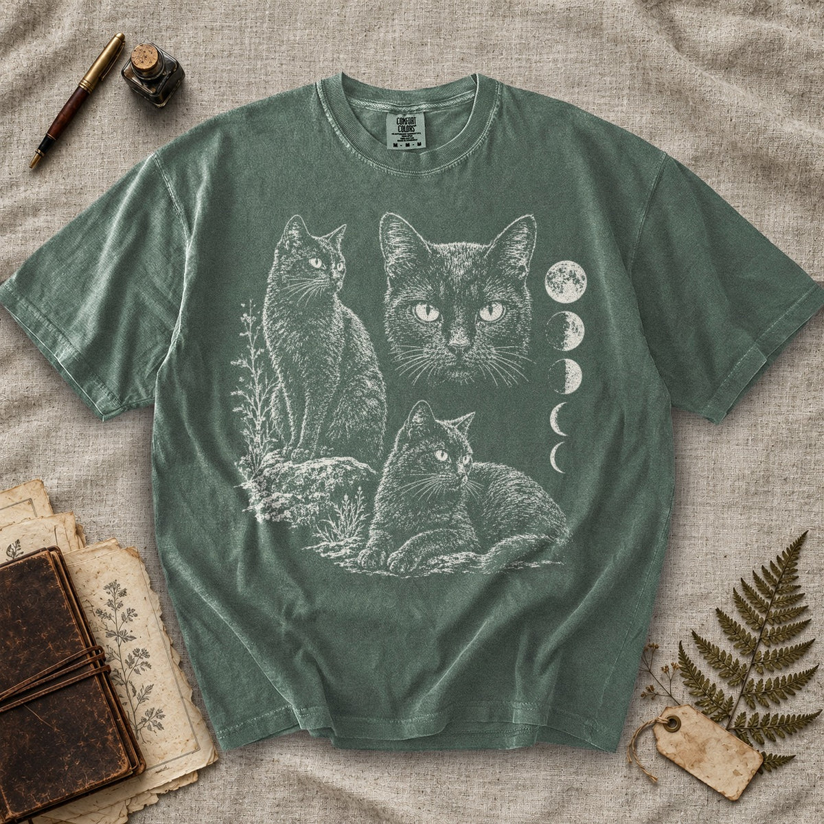 Black Cat Moon Phases Portrait T-Shirt