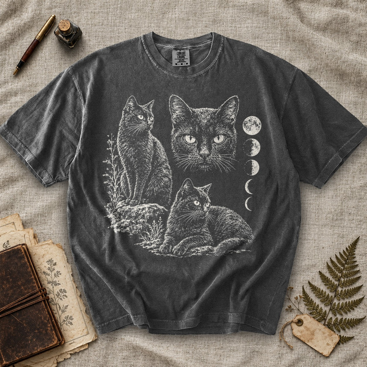 Black Cat Moon Phases Portrait T-Shirt