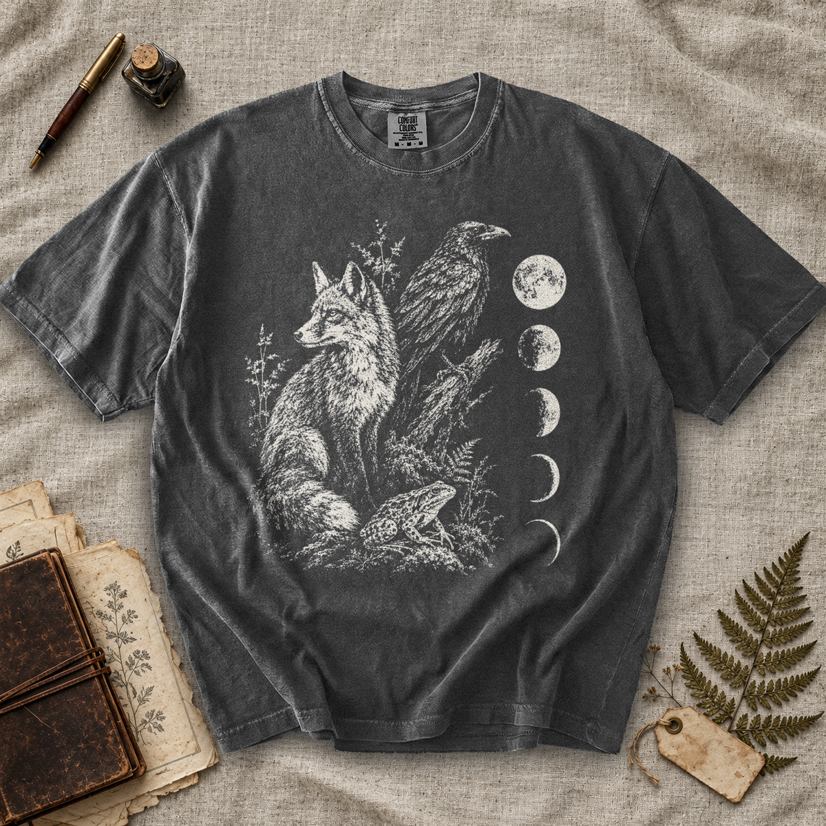 Fox Raven and Frog Moon Phases T-Shirt