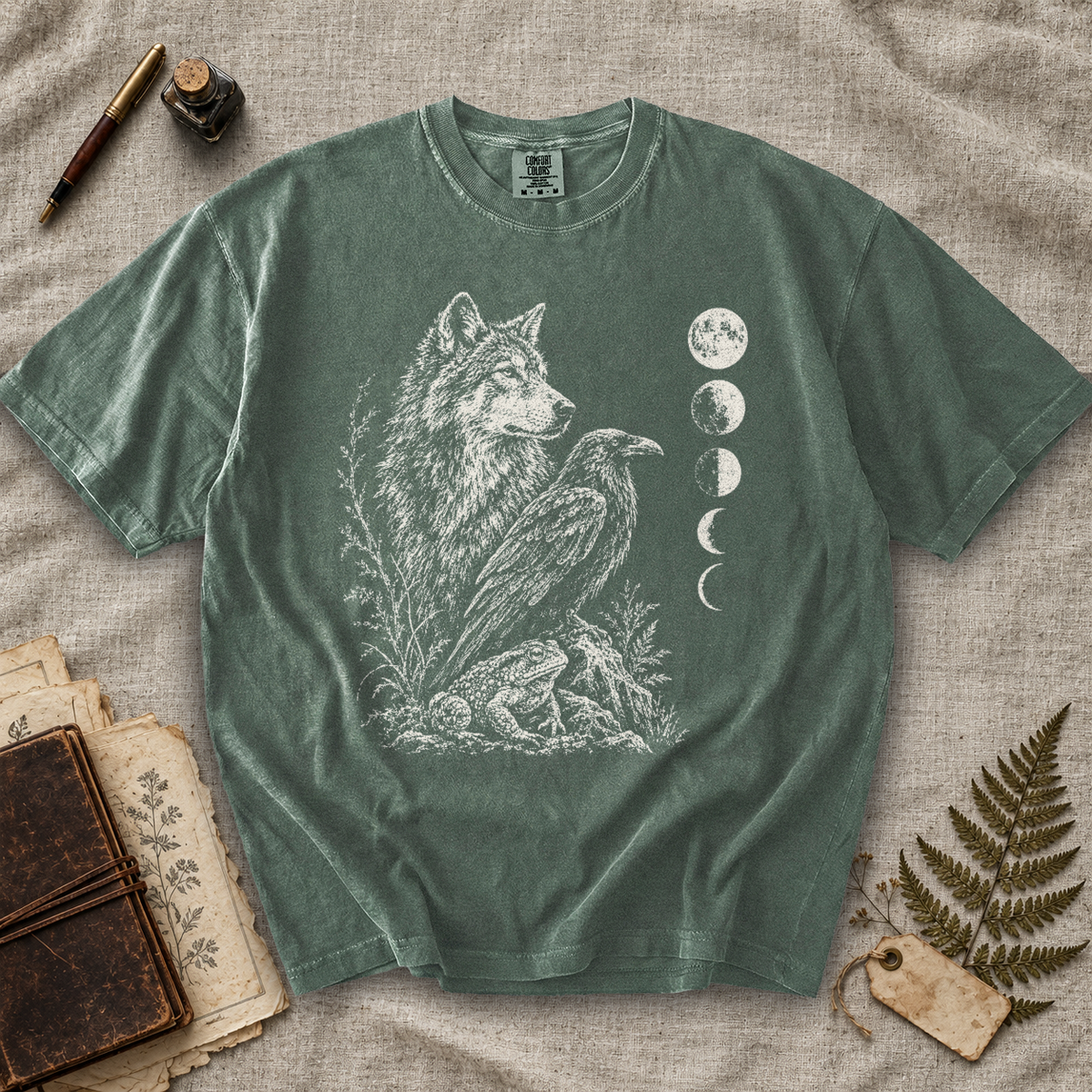 Wolf Raven and Toad Moon Phases T-Shirt